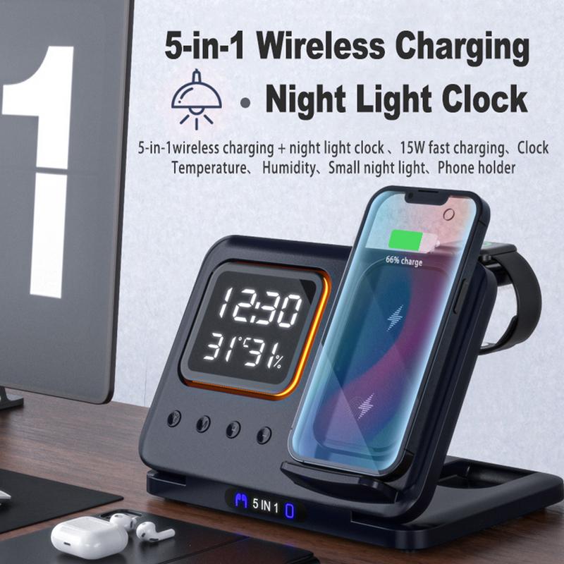 5-in-1 Kabellose Apple-Ladestation mit 15W Schnellladung – LED-Display, Digitaler Wecker & Dock für iPhone, Apple Watch & AirPods